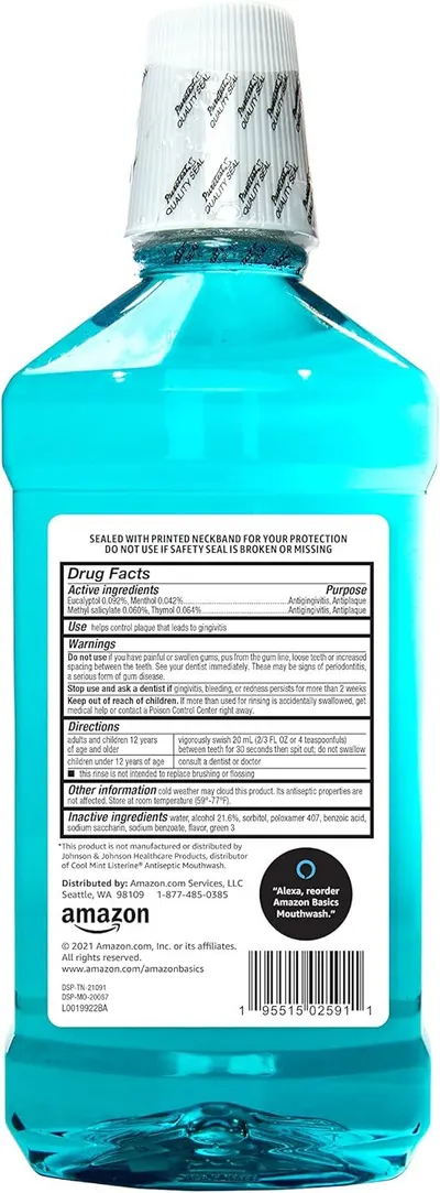Provides a clean, catalog-style view of the mouthwash bottle showing the product label, drug facts, and packaging details for shopper reference.