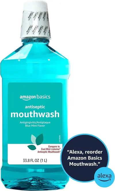 Communicates that this Amazon Basics mouthwash is comparable to the name-brand Listerine product, reassuring shoppers of equivalent quality at a better value. Highlights the convenience of…