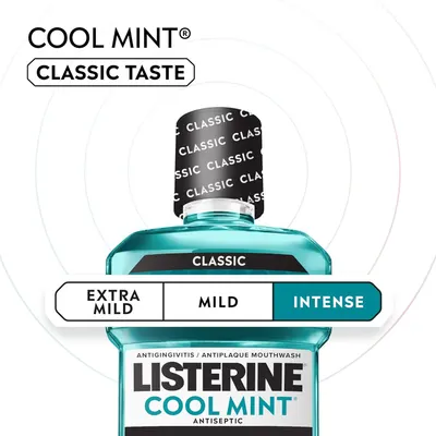 Showcases the Cool Mint Classic Taste variant and its intensity level on a spectrum from Extra Mild to Intense, helping shoppers understand the product line options and choose the right flavor…