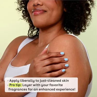 Demonstrates how to apply the product (body shimmer or lotion) to clean skin and provides a pro tip about layering with fragrances for enhanced results. Communicates the ease of use and versatility…