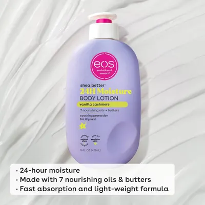 Communicates multiple key benefits of the body lotion including long-lasting hydration, nourishing ingredients, and texture qualities to help shoppers understand the product's comprehensive value…