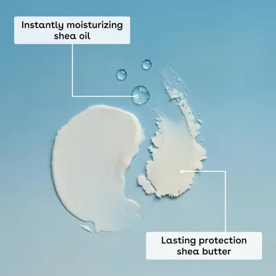 Highlights the two key ingredients in the product formula—instantly moisturizing shea oil and lasting protection shea butter—to communicate the dual-benefit composition and reassure shoppers about…