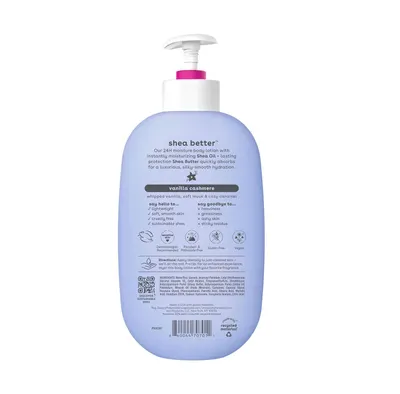Communicates multiple product benefits in a segmented layout including moisturizing properties, ingredient highlights, ethical claims, and certifications to reassure shoppers of the product's…