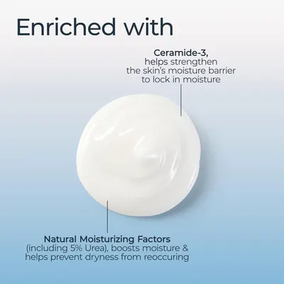 Breaks down the product's key ingredients and their specific benefits, showing shoppers what the formula contains and how each component works to strengthen the moisture barrier and prevent dryness.