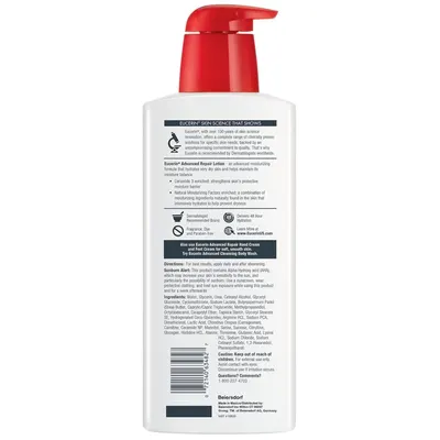 Communicates multiple key benefits and features of the Eucerin Advanced Repair Lotion, including its moisturizing ingredients, long-lasting hydration, dermatologist recommendation, and…