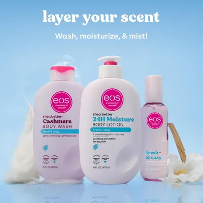 Shows the complete product bundle (body wash, body lotion, and body mist) to communicate the layering system and encourage shoppers to purchase the full set for a coordinated scent experience.