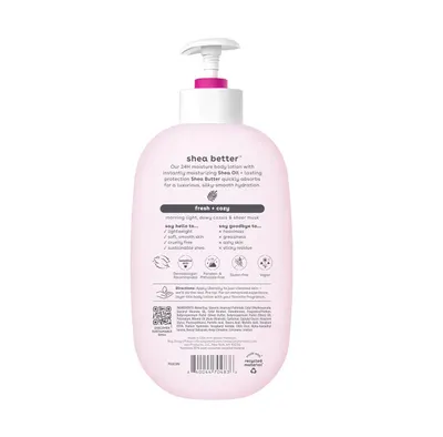 Communicates multiple product benefits and certifications in a segmented layout to reassure shoppers about the lotion's moisturizing effectiveness, ingredient quality, and ethical/safety standards.
