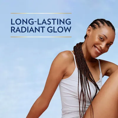 Communicates the key benefit of achieving a radiant, glowing complexion that lasts, likely for a skincare or beauty product. The image uses a clean lifestyle photo with a single text callout to…