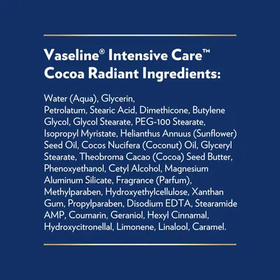 Communicates the premium, natural ingredient composition of the Vaseline Intensive Care Cocoa Radiant product to reassure shoppers about product quality and skin-nourishing benefits.