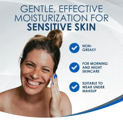Communicates multiple key benefits of the moisturizer in a visually segmented layout with checkmarks, reassuring shoppers that it's gentle, versatile, and suitable for sensitive skin throughout the…