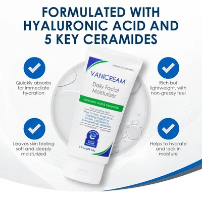 Communicates multiple key benefits of the facial moisturizer in a visually segmented layout with checkmark callouts, emphasizing the product's hydration capabilities, texture, and key ingredients to…