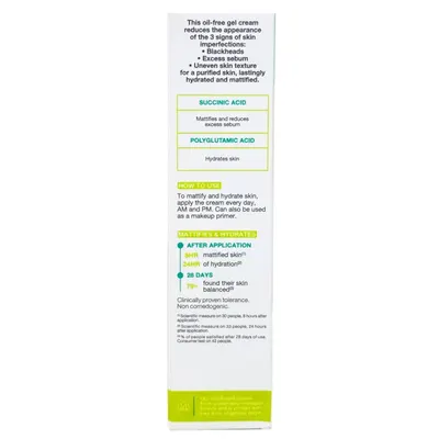 Communicates multiple skincare benefits including reducing imperfections, hydration, and mattifying effects, supported by ingredient callouts and clinical metrics to reassure shoppers of the…