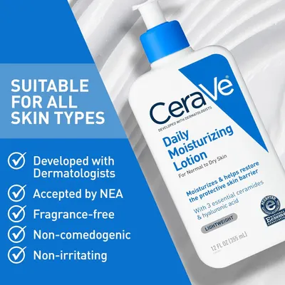 Communicates multiple product benefits and certifications in a segmented checklist format to reassure shoppers that this lotion is safe, gentle, and suitable for all skin types.