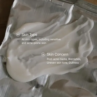 Communicates that the product is safe for all skin types including sensitive and acne-prone skin, while also addressing multiple skin concerns like post-acne marks, blemishes, uneven tone, and…