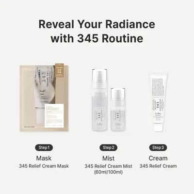 Demonstrates the proper sequence for using the 345 Relief Cream product line (mask, mist, cream) to help shoppers understand the complete skincare routine. Showcases the brand's complete 345 Relief…