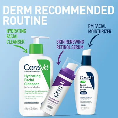 Showcases the CeraVe brand's recommended skincare routine by presenting three complementary products from their product line, helping shoppers understand how to use multiple products together for…