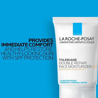 Communicates multiple benefits of the face moisturizer including comfort, skin restoration, and sun protection to reassure shoppers of the product's comprehensive skincare value.