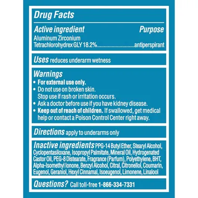 Provides comprehensive regulatory and safety information for an antiperspirant product, including active ingredients, usage directions, warnings, and contact information to ensure safe and informed…