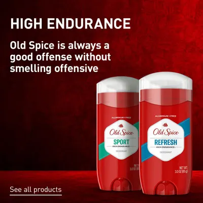 Showcases the Old Spice High Endurance product line with two scent variants (Sport and Refresh), reinforcing brand identity and helping shoppers explore the brand's deodorant options.