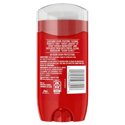 Shows the back of the deodorant stick with product information, ingredients, and barcode for shopper reference and transparency.