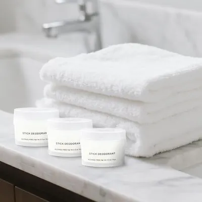 Showcases the product in a clean, spa-like bathroom environment to help shoppers visualize the deodorant as part of their daily routine and lifestyle.