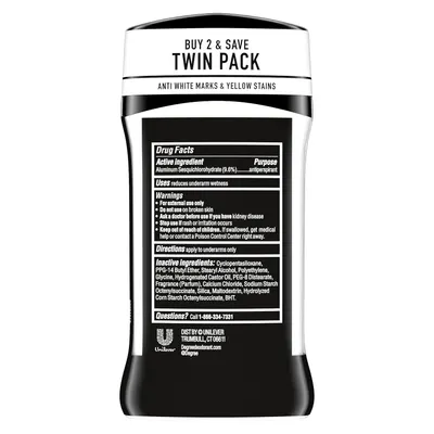 Shows the back of the deodorant stick with complete drug facts, ingredients, warnings, and usage directions to inform shoppers about product composition and safety information.