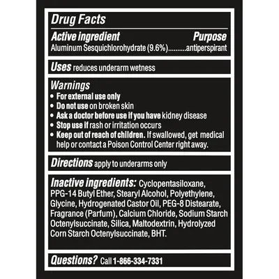 Provides comprehensive regulatory and safety information required for an antiperspirant product, including active ingredients, usage directions, warnings, and inactive ingredients to ensure informed…