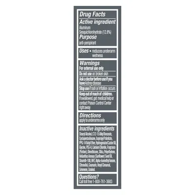Provides regulatory drug facts, active ingredient information, usage warnings, and safety instructions to ensure compliant and safe use of the anti-perspirant product.