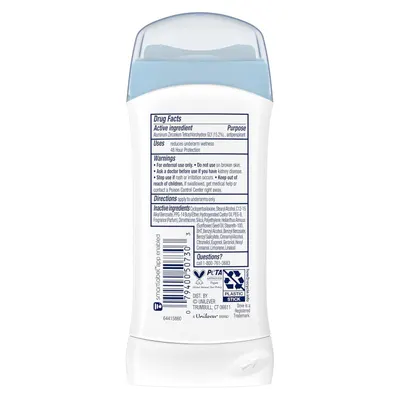 Displays the product in a clean, catalog-style format showing the deodorant stick with its drug facts label and packaging details for shopper reference.
