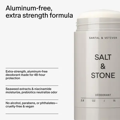 Communicates multiple distinct benefits of the deodorant in a segmented layout, highlighting the aluminum-free formula, long-lasting protection, moisturizing properties, and clean ingredient profile…