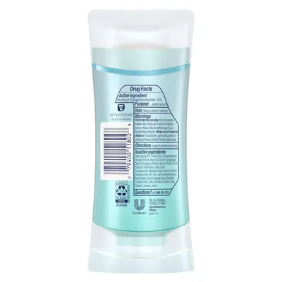 Shows the back of the deodorant stick with drug facts, ingredients, barcode, and regulatory information for shopper reference.