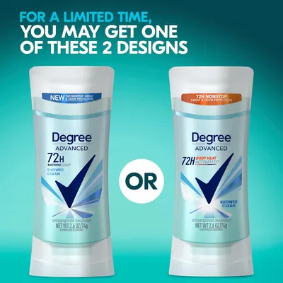 This image helps shoppers choose between two product variants from the same Degree Advanced line, highlighting a limited-time promotional offer where they can select one of two designs.