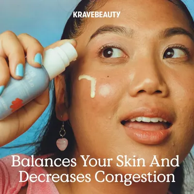 Communicates the dual benefit of balancing skin and reducing congestion, showing the product in use to demonstrate its application and effectiveness.