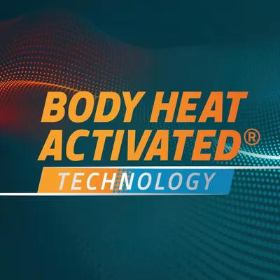 Communicates that the product features body heat activated technology, reassuring shoppers of its responsive, performance-driven design.