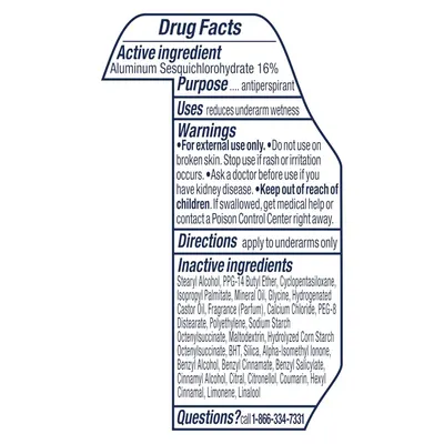 Provides comprehensive regulatory drug facts information for an antiperspirant product, including active ingredients, usage instructions, safety warnings, and complete ingredient list to inform and…