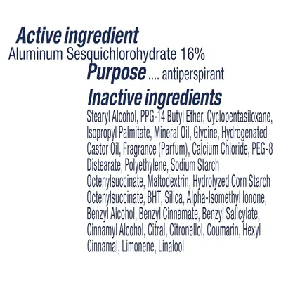Provides detailed ingredient transparency by breaking down the active ingredient, its purpose as an antiperspirant, and the full list of inactive ingredients to inform shoppers about product…