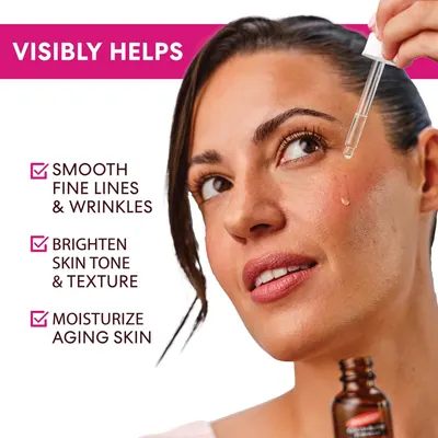 Communicates multiple skincare benefits of the serum product to reassure shoppers it addresses several aging concerns at once.