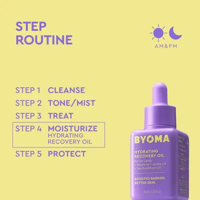 Educates shoppers on how to incorporate this hydrating recovery oil into their daily skincare routine as Step 4 (Moisturize), demonstrating ease of use and proper application sequence.