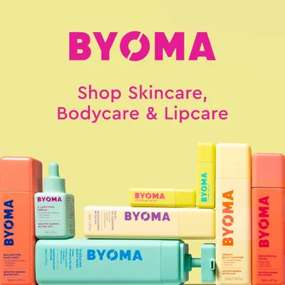 Showcases the BYOMA brand's product portfolio across skincare, bodycare, and lipcare categories to introduce shoppers to the brand's range and establish brand recognition.