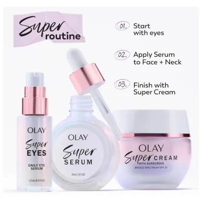 Demonstrates the proper order and application method for using the Olay Super product line, making it easy for shoppers to understand how to incorporate these products into their daily skincare…