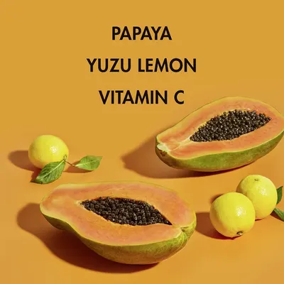 Highlights the natural ingredients in the product to communicate freshness, natural sourcing, and vitamin C benefits for skincare or wellness.
