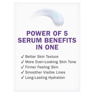 Communicates that this serum delivers five distinct skincare benefits in one product, reassuring shoppers of its comprehensive effectiveness and value.
