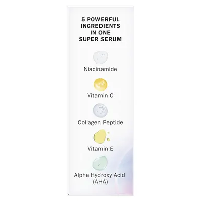 Communicates the comprehensive formulation of the serum by showcasing five distinct active ingredients, reassuring shoppers of the product's multi-benefit skincare effectiveness.