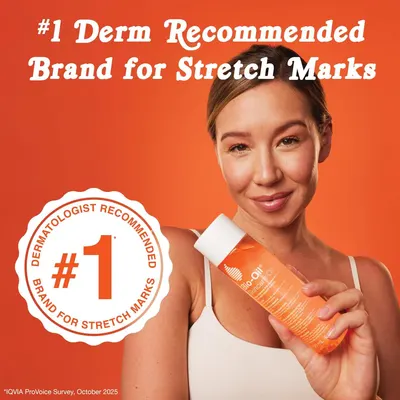 Communicates third-party professional endorsement from dermatologists to build credibility and trust, positioning the product as the top recommended brand for treating stretch marks.