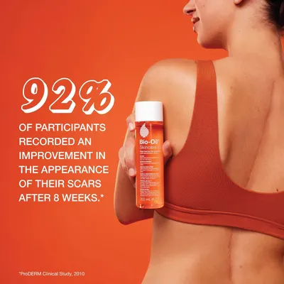 Communicates clinical efficacy by highlighting that 92% of participants saw improvement in scar appearance after 8 weeks, building trust through quantifiable results. Reinforces the primary benefit…