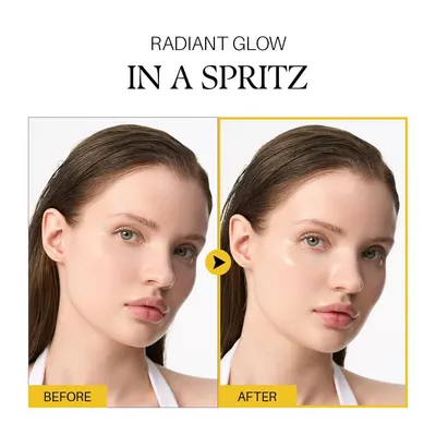 Demonstrates the transformative effect of the product by showing a side-by-side comparison of skin before and after application, highlighting the radiant, glowing finish achieved.