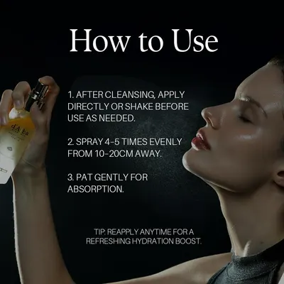 Provides clear step-by-step instructions on how to properly apply the facial spray product, reassuring shoppers about correct usage and maximizing product effectiveness.