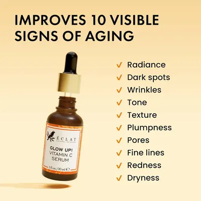 Communicates the comprehensive anti-aging benefits of the Vitamin C serum by listing 10 specific visible signs of aging that the product addresses, reassuring shoppers of its multi-faceted…