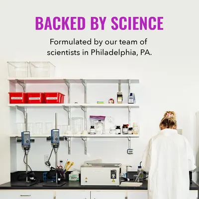 Communicates brand credibility and trust by showcasing the scientific expertise and professional lab environment behind the product formulation.