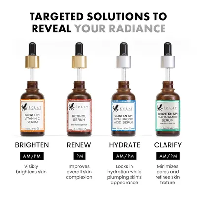 Displays the brand's serum product line to help shoppers understand the different options available and choose the right serum for their specific skincare needs.